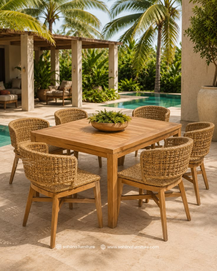 0ac4bf9161cbc7f5f41b4ed6a46a2ea0 Modern Teak Wood Outdoor Dining Set for Villa and Resort - Image 1