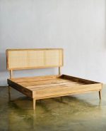 Modern Teak Wood Bed with Natural Cane Headboard