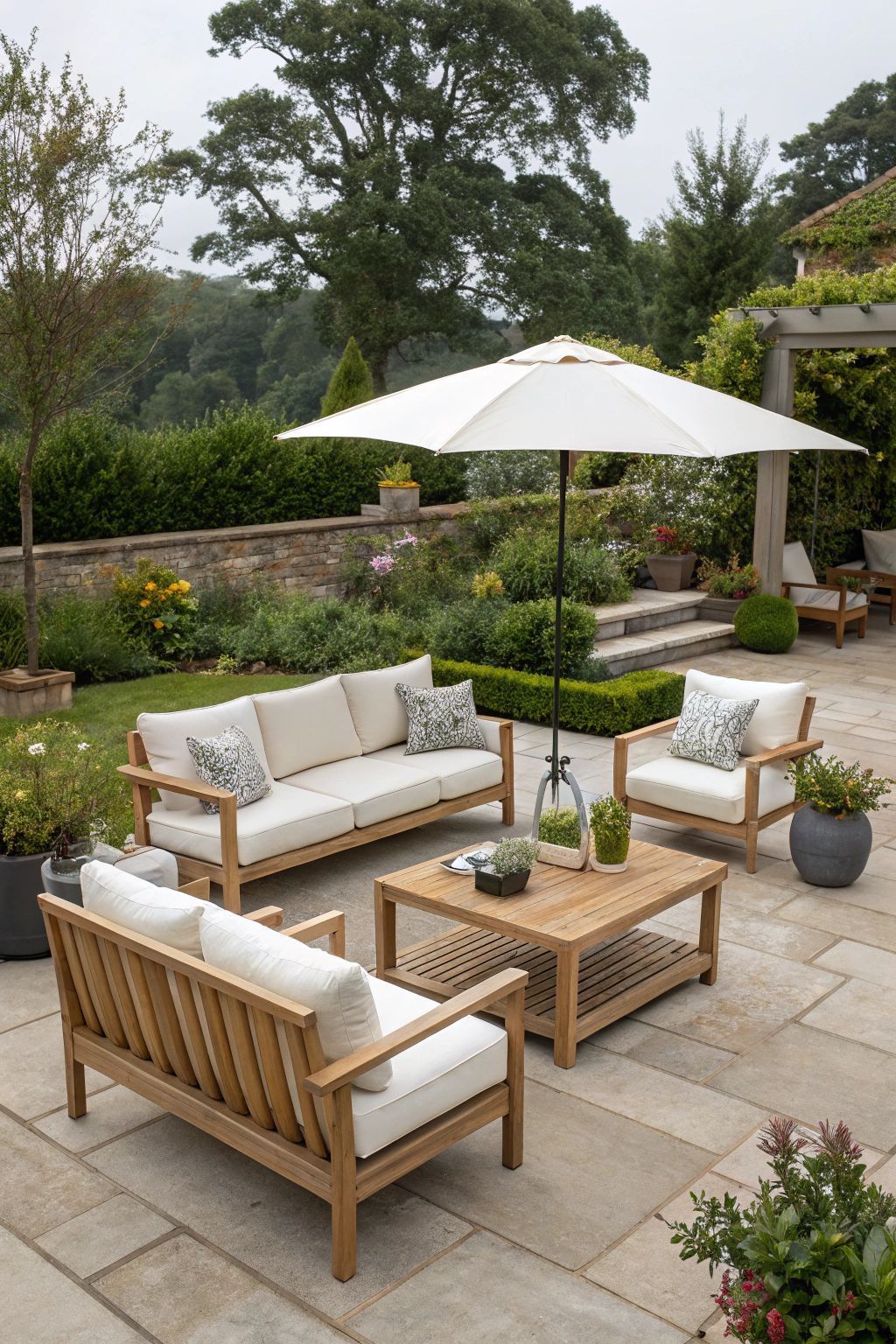 a99a4c570ff51d7bb7295d9d5ed59e88 Natural Teak Garden Furniture Set – Outdoor Sofa & Coffee Table - Image 1